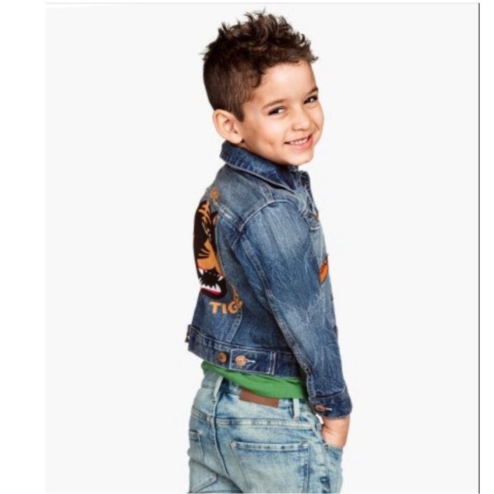 H&M Kids Denim Jacket “The Orange Tiger” Back Mural Patches Size 6-7 Blue